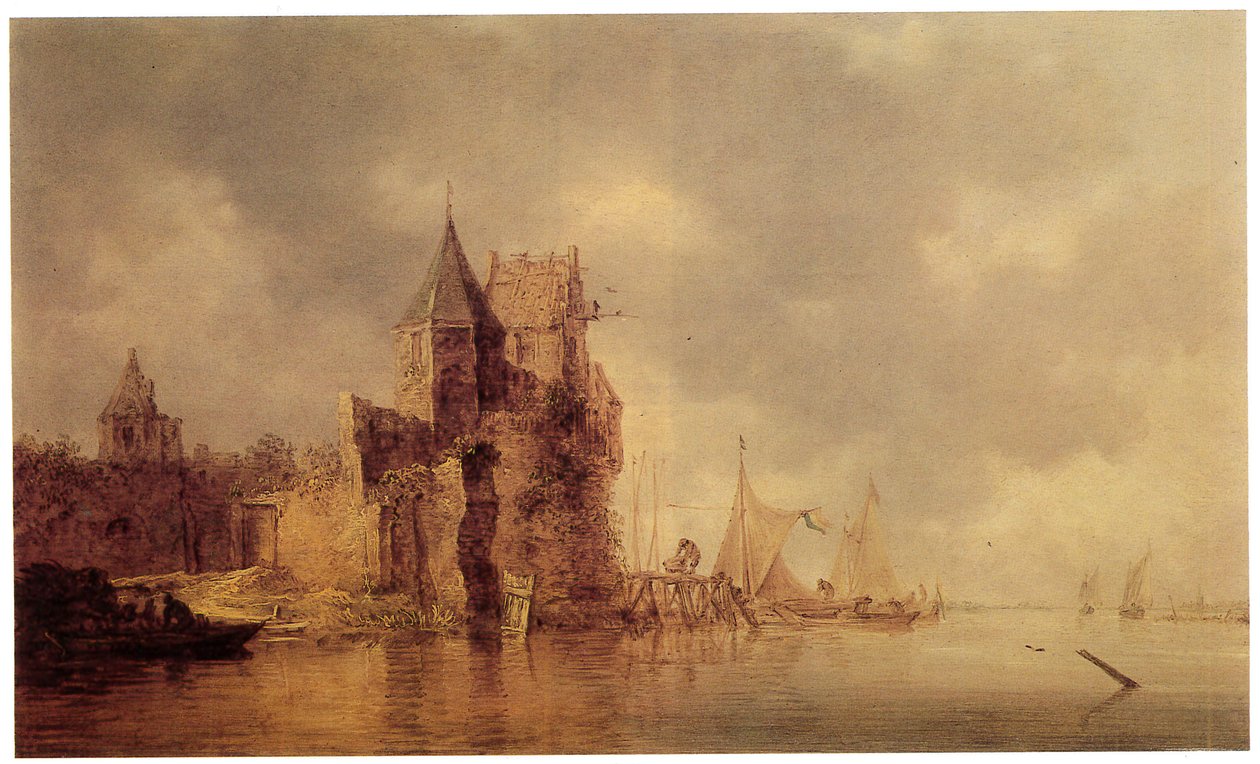Una torre medieval en una muralla del castillo con barcos de vela en un embarcadero y un bote de remos en primer plano, c.1642 de Jan Josephsz van Goyen