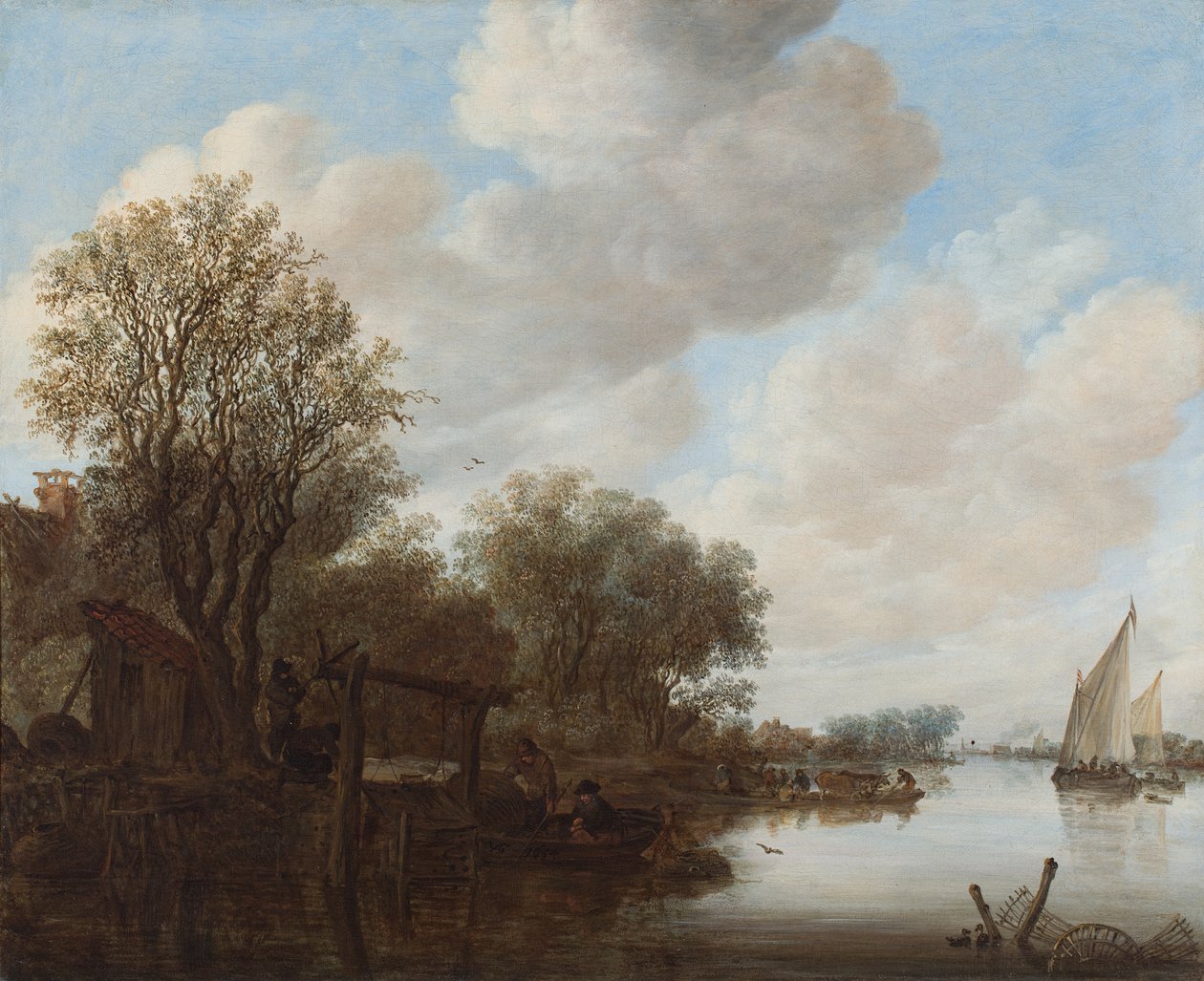 Paisaje fluvial con figuras junto a una esclusa, un transbordador más allá y la aguja de una iglesia a lo lejos. de Jan Josephsz van Goyen