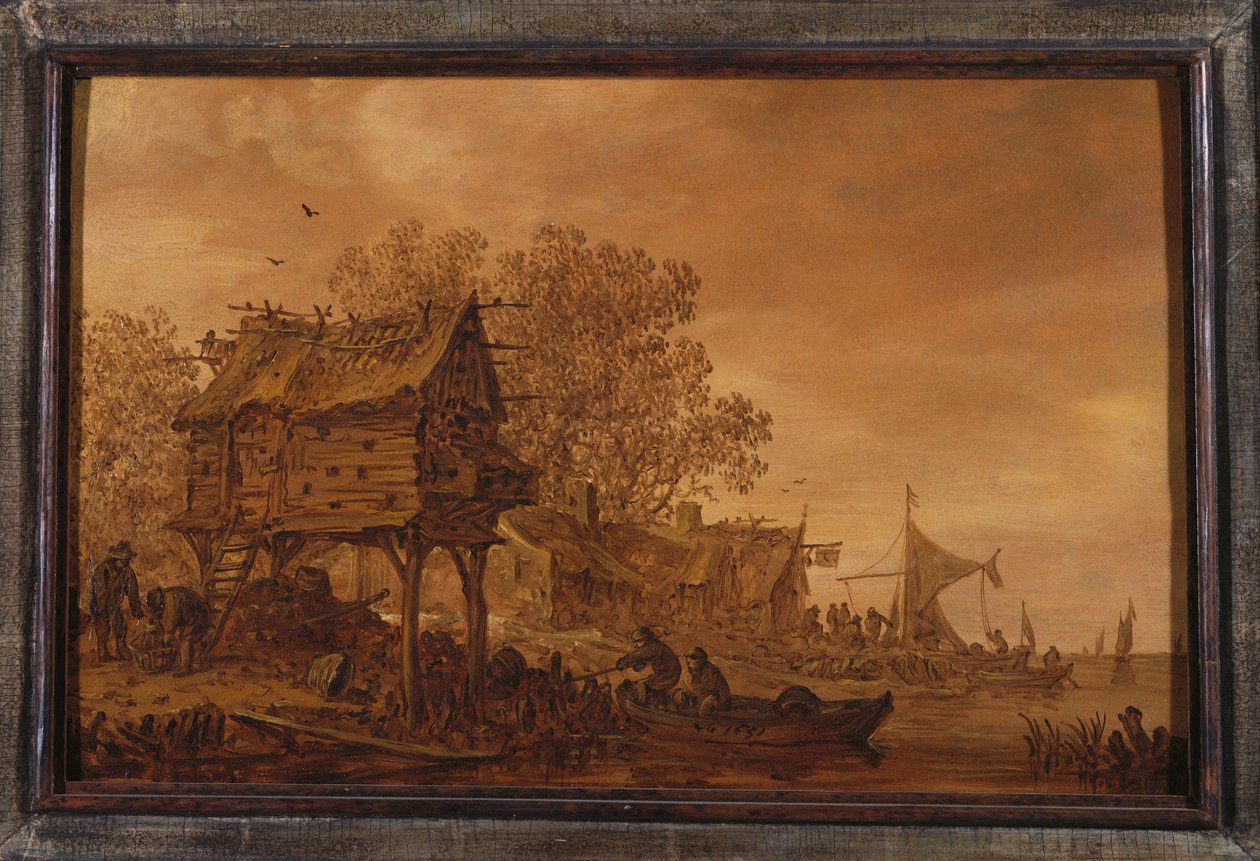 Un pueblo en la ribera con campesinos en un bote junto a un palomar, 1651 de Jan Josephsz van Goyen