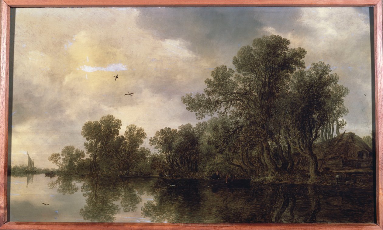 Un paisaje fluvial boscoso, con campesinos en un bote de remos junto a una cabaña y un ferry, un velero en la distancia, 1633 de Jan Josephsz van Goyen