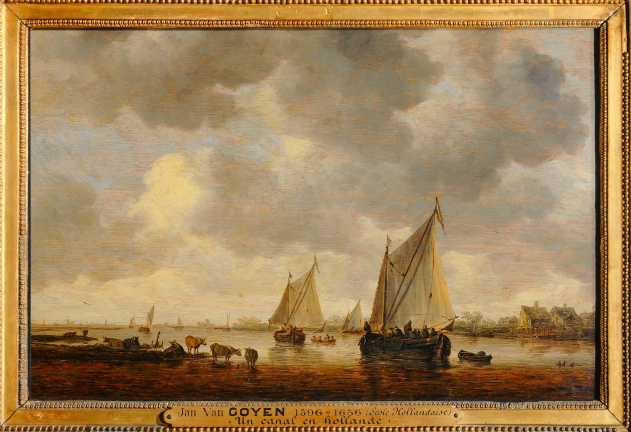 Deux grandes barques à voiles sur un fleuve et bestiaux près de la rive - Dos grandes veleros en un río y animales en las orillas ... de Jan Josephsz van Goyen