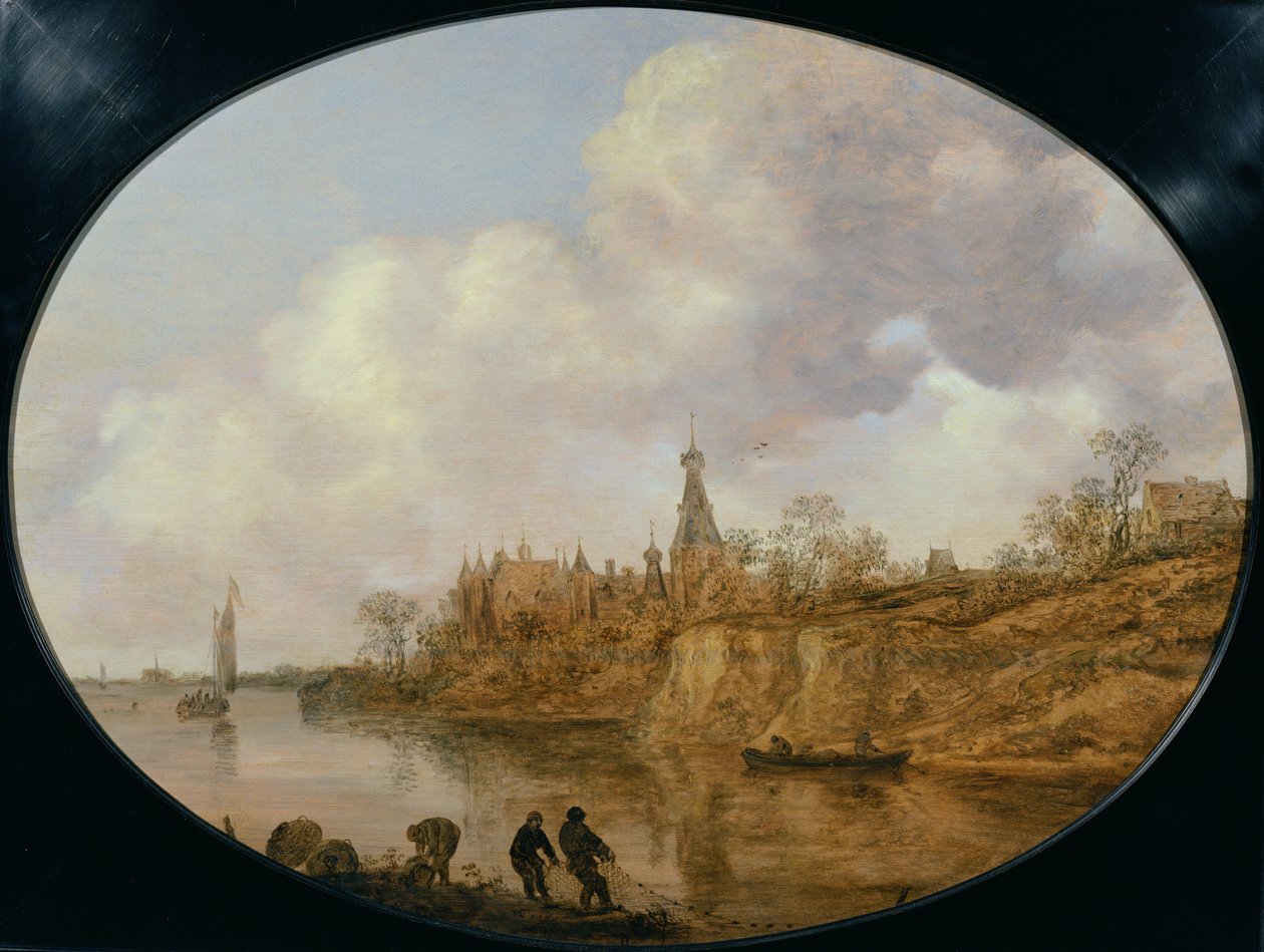 Tres Pescadores Tirando de una Red y Cestas en la Orilla de un Río con un Castillo y un Pueblo en la Distancia de Jan Josephsz van Goyen