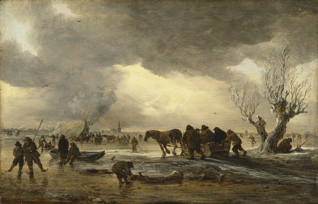 Escena invernal con un trineo en primer plano y figuras reunidas en torno a una tienda sobre el hielo. de Jan Josephsz van Goyen