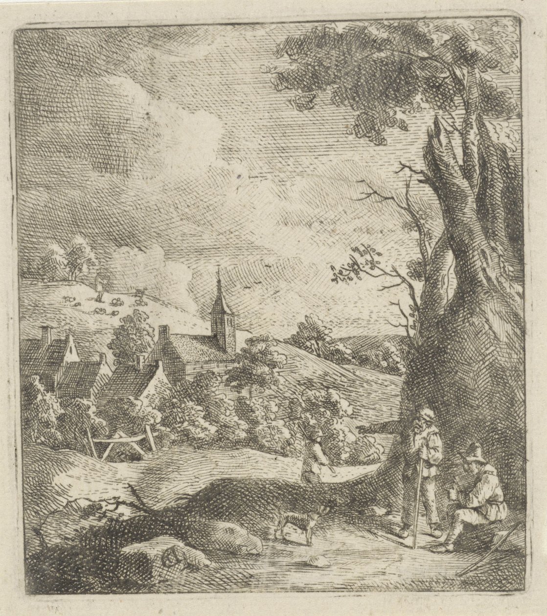 Paisaje con un pueblo y dos hombres junto a un árbol. de Jan Lauwryn Krafft (I) (attributed to)