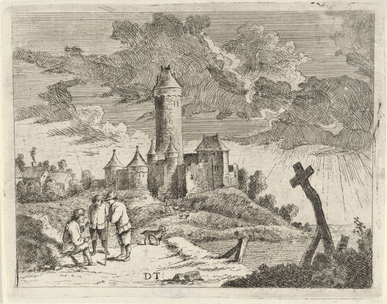 paisaje con castillo y tres hombres de Jan Lauwryn Krafft (I) (possibly)