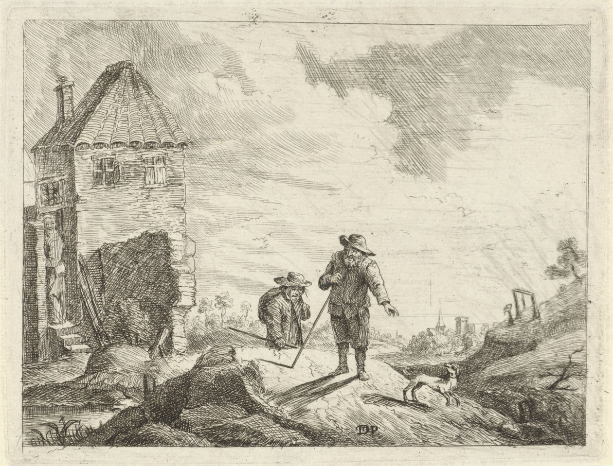Dos granjeros con un perro en un camino rural de Jan Lauwryn Krafft (I) (possibly)