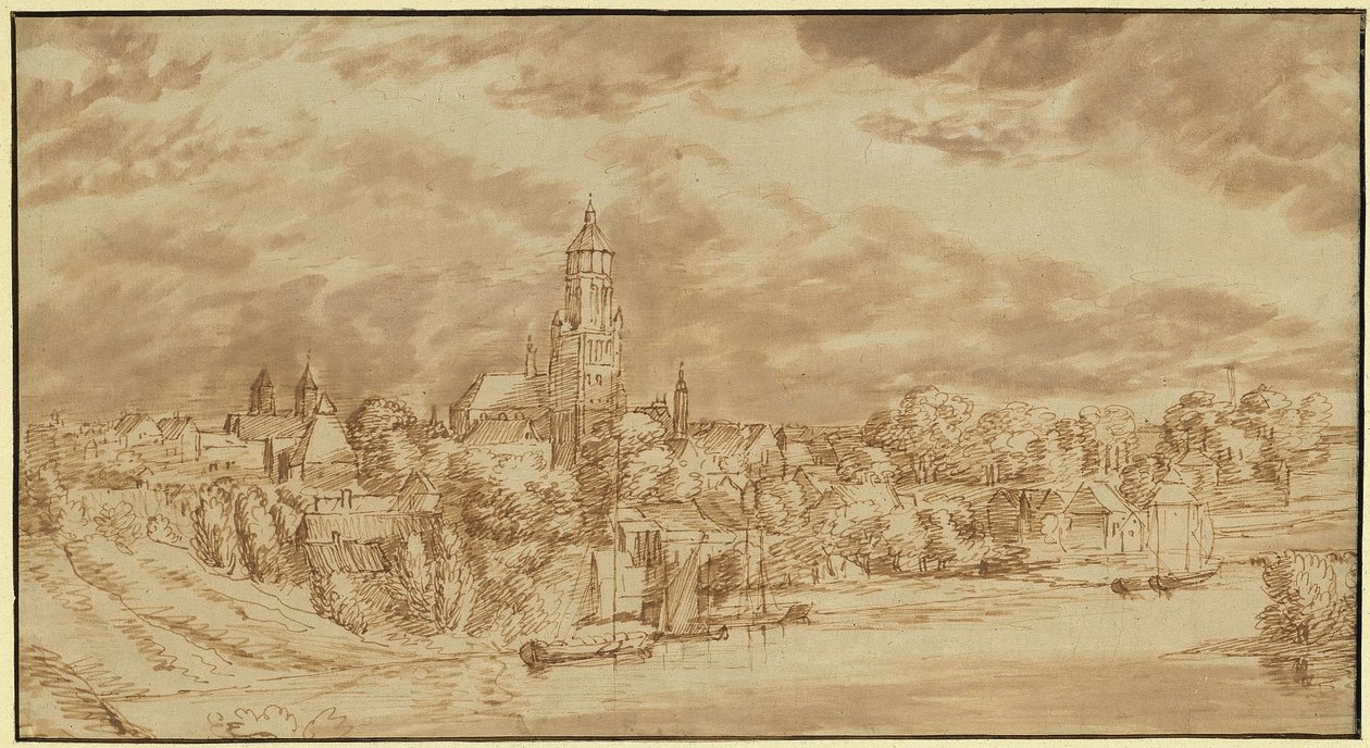 Vista de una ciudad situada en la orilla opuesta de un río de Jan Lievens