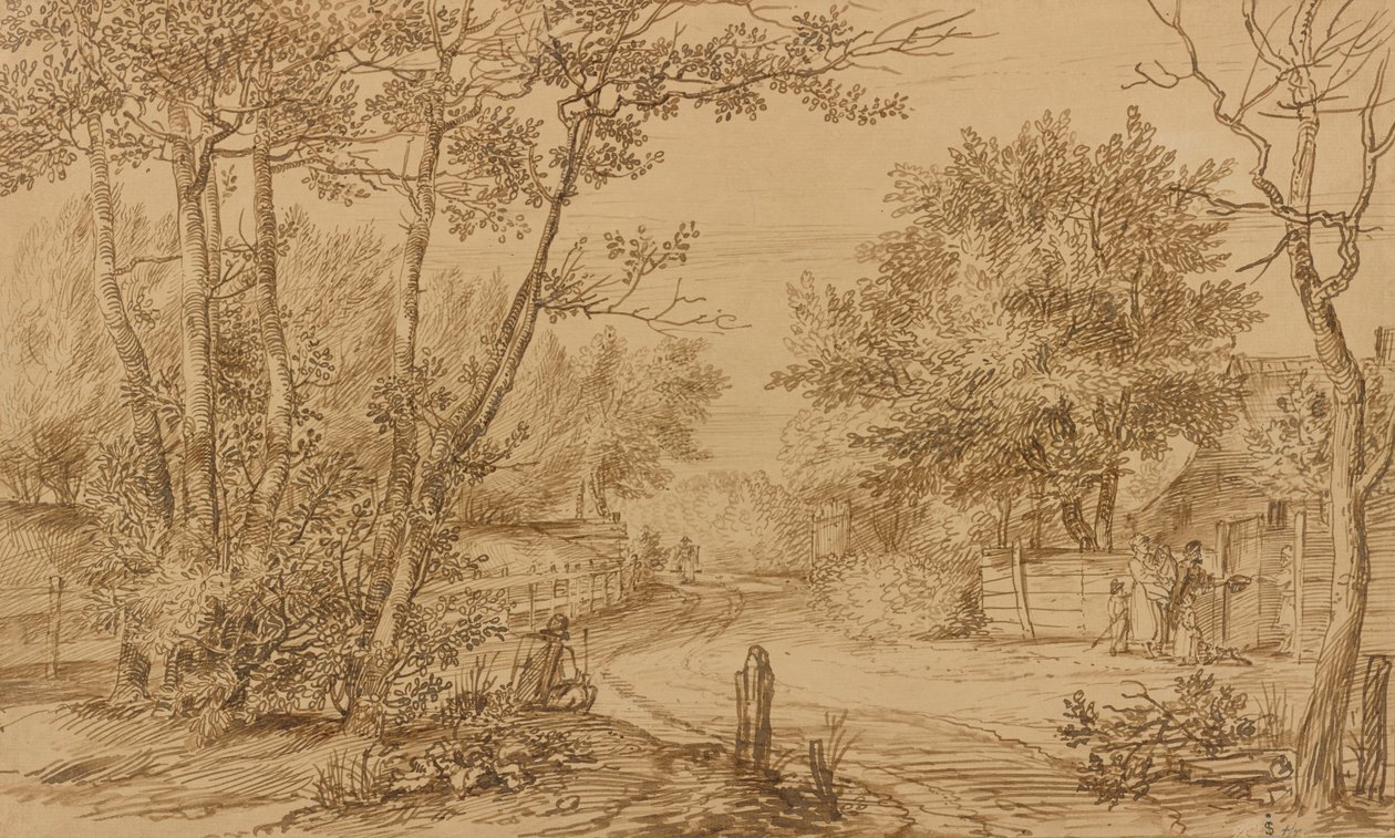 Vista de un sendero en el bosque de La Haya, con mendigos en la puerta de una cabaña de Jan Lievens