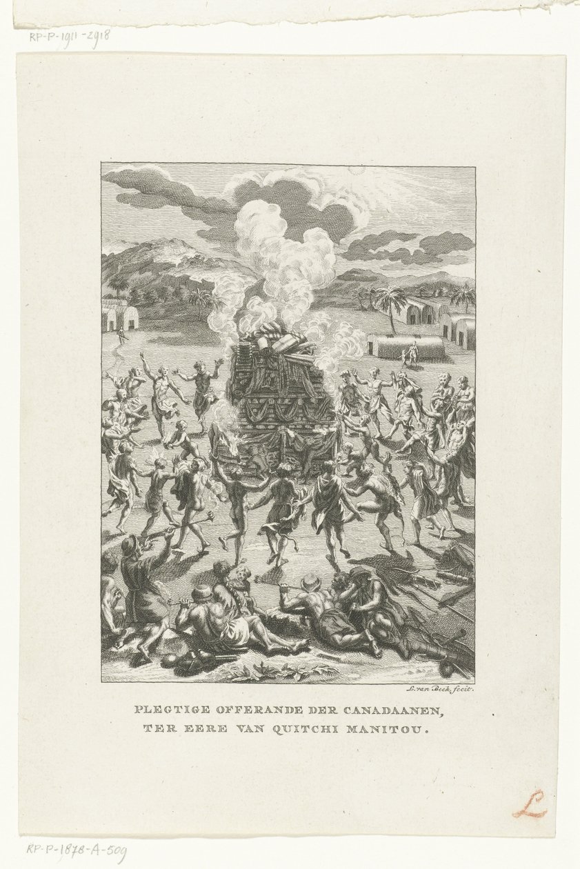Los nativos americanos de Canadá se sacrifican por Gitche Manitou Ofrenda solemne de los canadienses, en honor de Quitchi Manitou (título sobre el objeto) Religiones (título de la serie) de Jan Lucas van der Beek