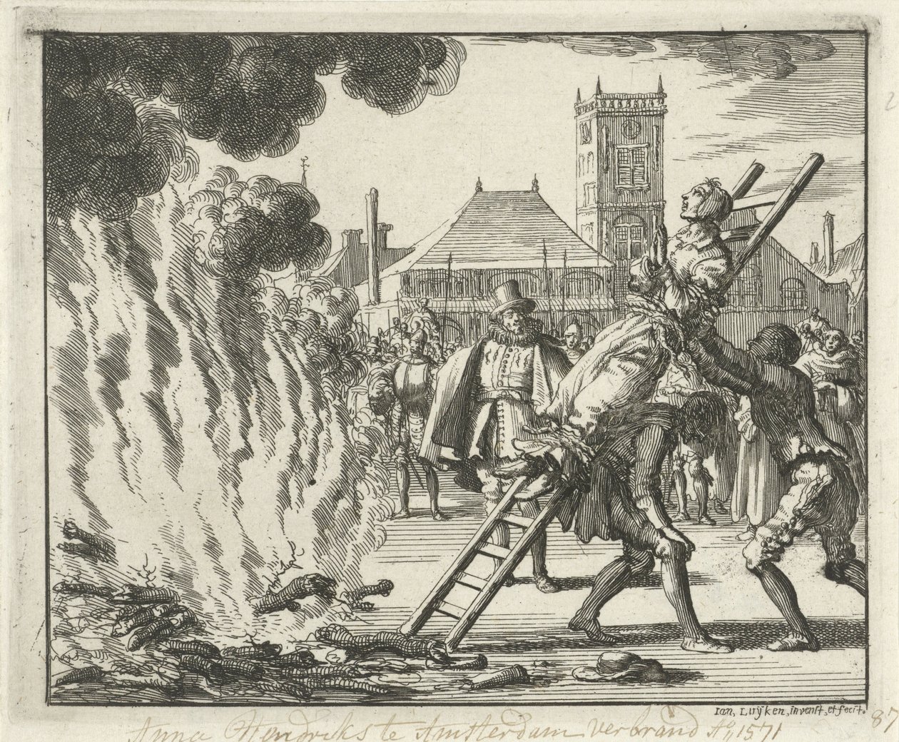 Anneken Hendriks, atada a una escalera, quemada en Ámsterdam, 1571, 1685 de Jan Luyken