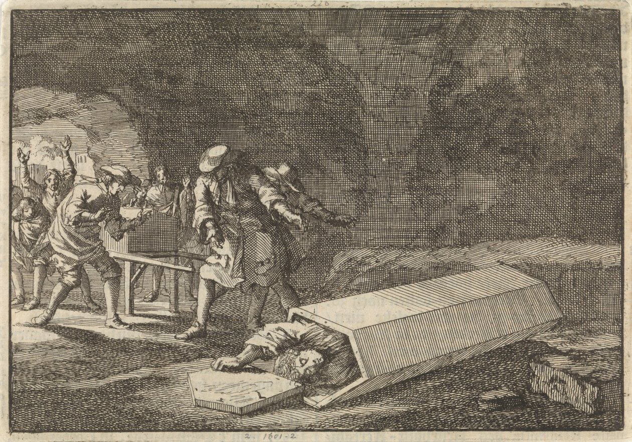Los sirvientes de una funeraria en Roma ven que Antonio Marlini, a quien habían enterrado en una bóveda unos días antes, debía estar aparentemente muerto, 1696 de Jan Luyken