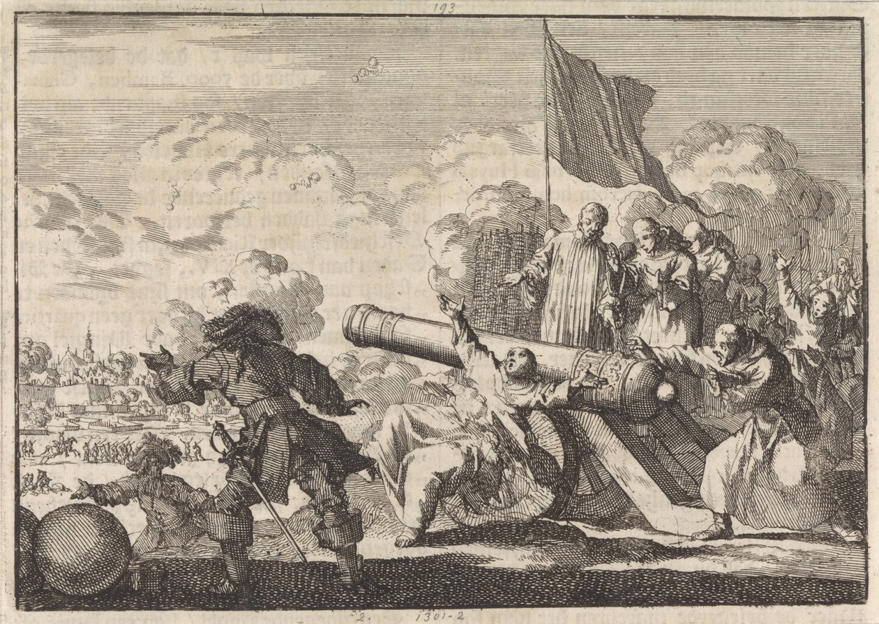 Asedio de Groningen en el que seis monjes bendicen un cañón, 1672 de Jan Luyken