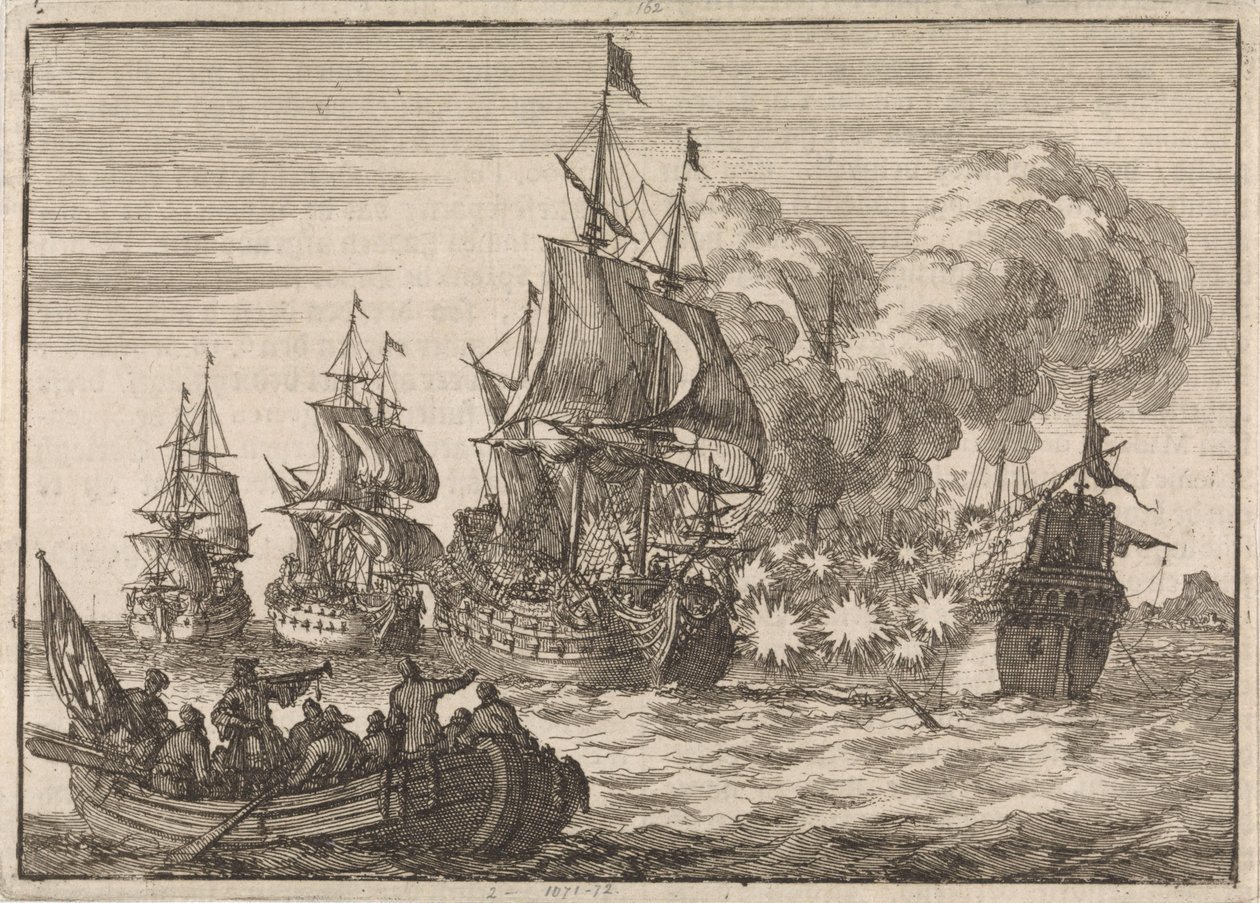 En Valencia, el almirante español Papachino es atacado por tres barcos franceses al mando del almirante Tourville por no saludar lo suficientemente rápido, 1688 de Jan Luyken