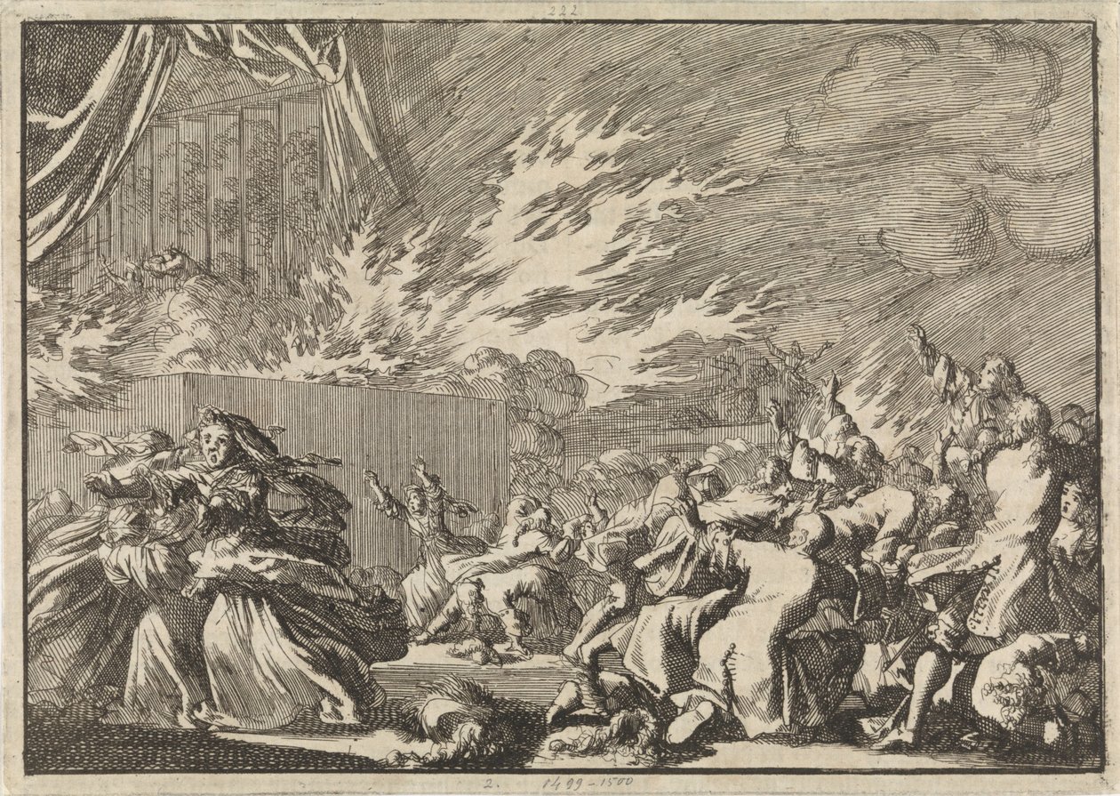 Incendio de un cobertizo de madera en el que tiene lugar una representación teatral junto al castillo de Amelienborg en Copenhague, 1689 de Jan Luyken