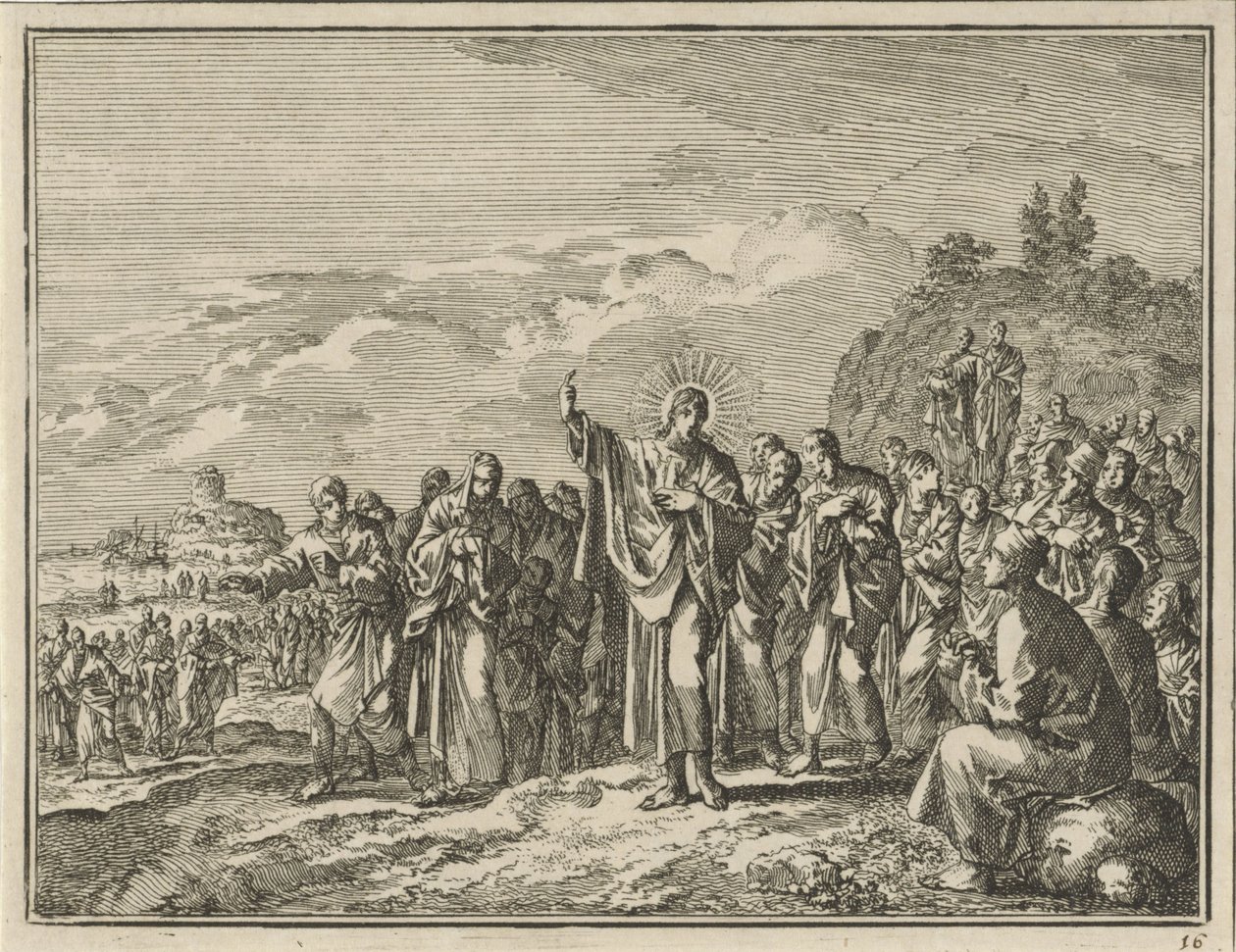 Cristo predicando ante una multitud al aire libre de Jan Luyken