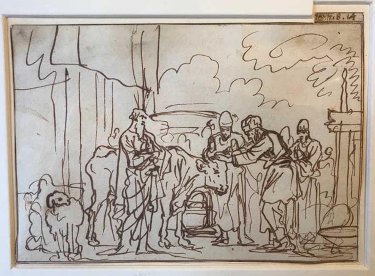 El toro es presentado para la ofrenda por el pecado, Aarón y sus hijos ponen las manos sobre su cabeza (Lev. 8,14) de Jan Luyken