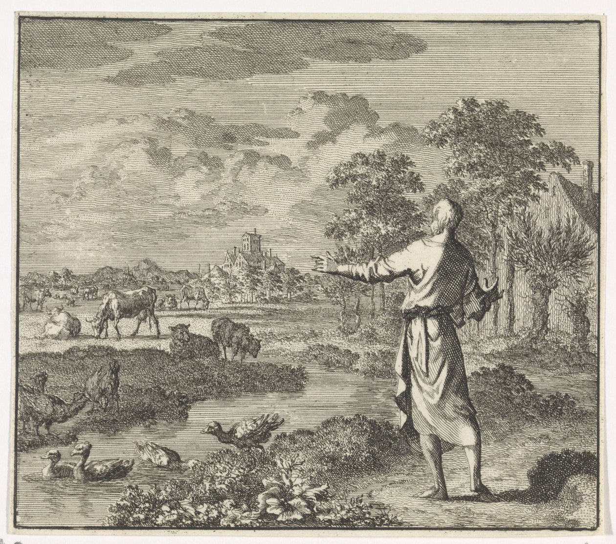 Emblema: Pasto Paisaje con pradera de Jan Luyken