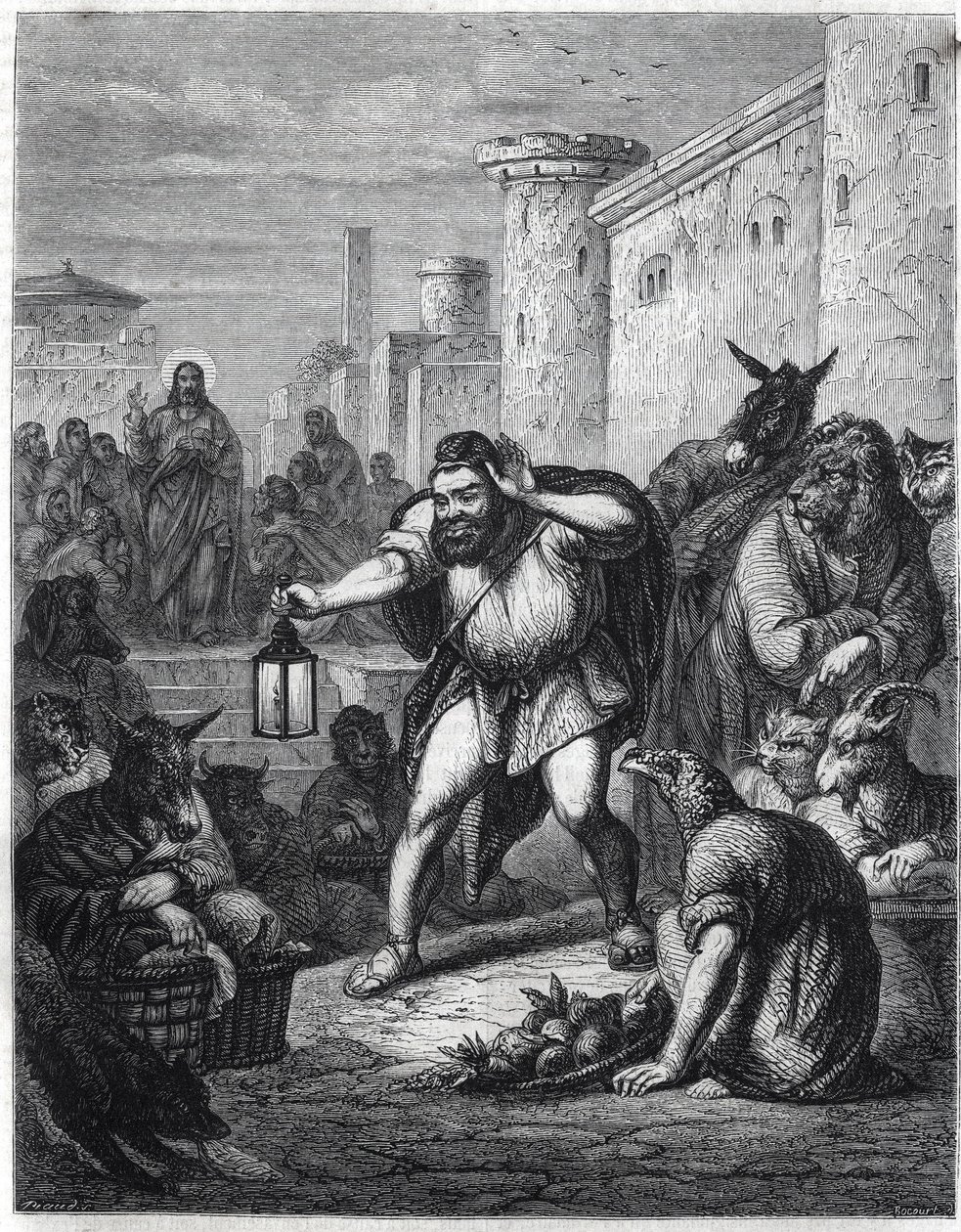 Esopo y Cristo: el escritor griego Esopo (siglo VI a.C.), con una linterna en la mano, cruza un paseo entre personajes con cabezas de animales en busca de "un hombre". Detrás de él vemos a Jesucristo. Ilustración inspirada en la fábula "Esopo a un  de Jan Luyken