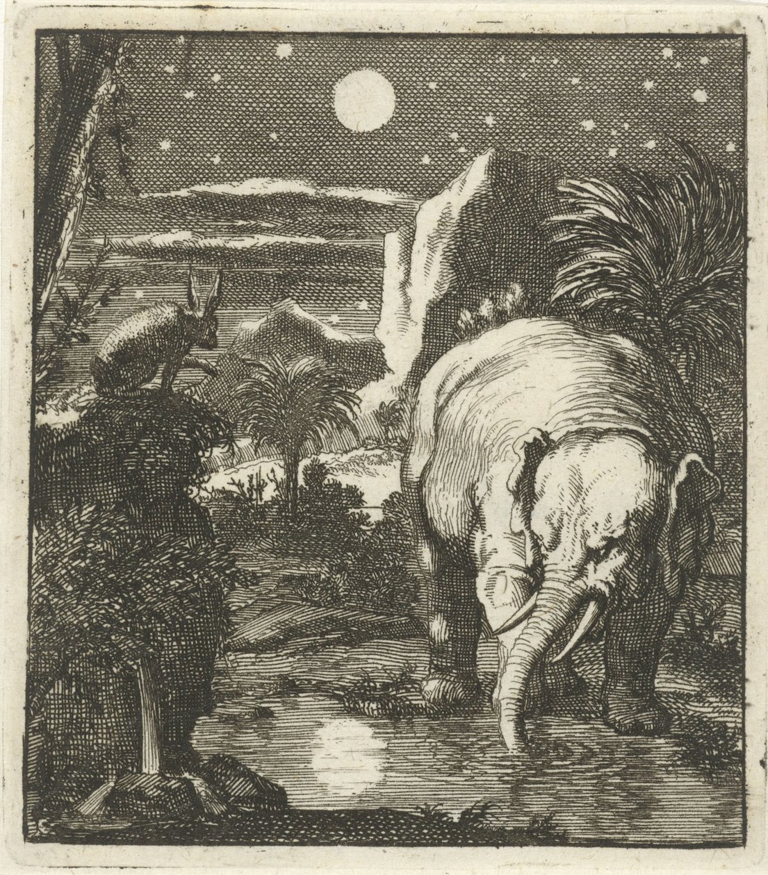 Liebre y elefante con luna llena en una fuente de agua de Jan Luyken