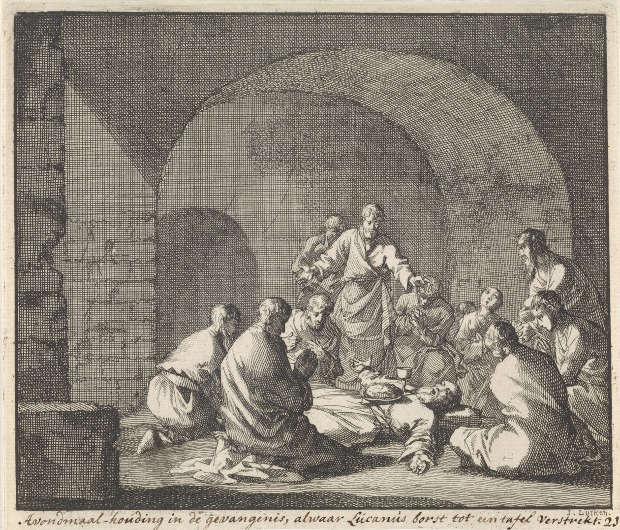 Santa Lucía celebra la Cena del Señor en prisión Posición de cena en una prisión donde Lucian proporciona pecho a una mesa (título en el objeto) de Jan Luyken