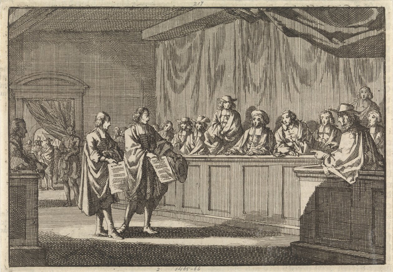 Los pastores reformados Gilly y Courdil leyeron una declaración en el sínodo de Sorges de que se convertirían a la Iglesia Católica, el 3 de junio de 1683. de Jan Luyken