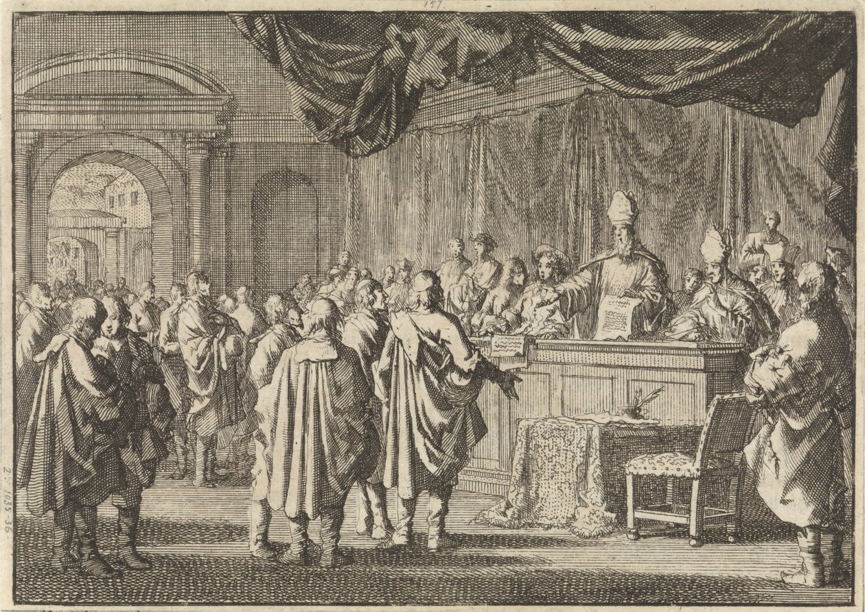 Reformado en Hungría ante un tribunal de obispos y otros romanistas, 1670 de Jan Luyken