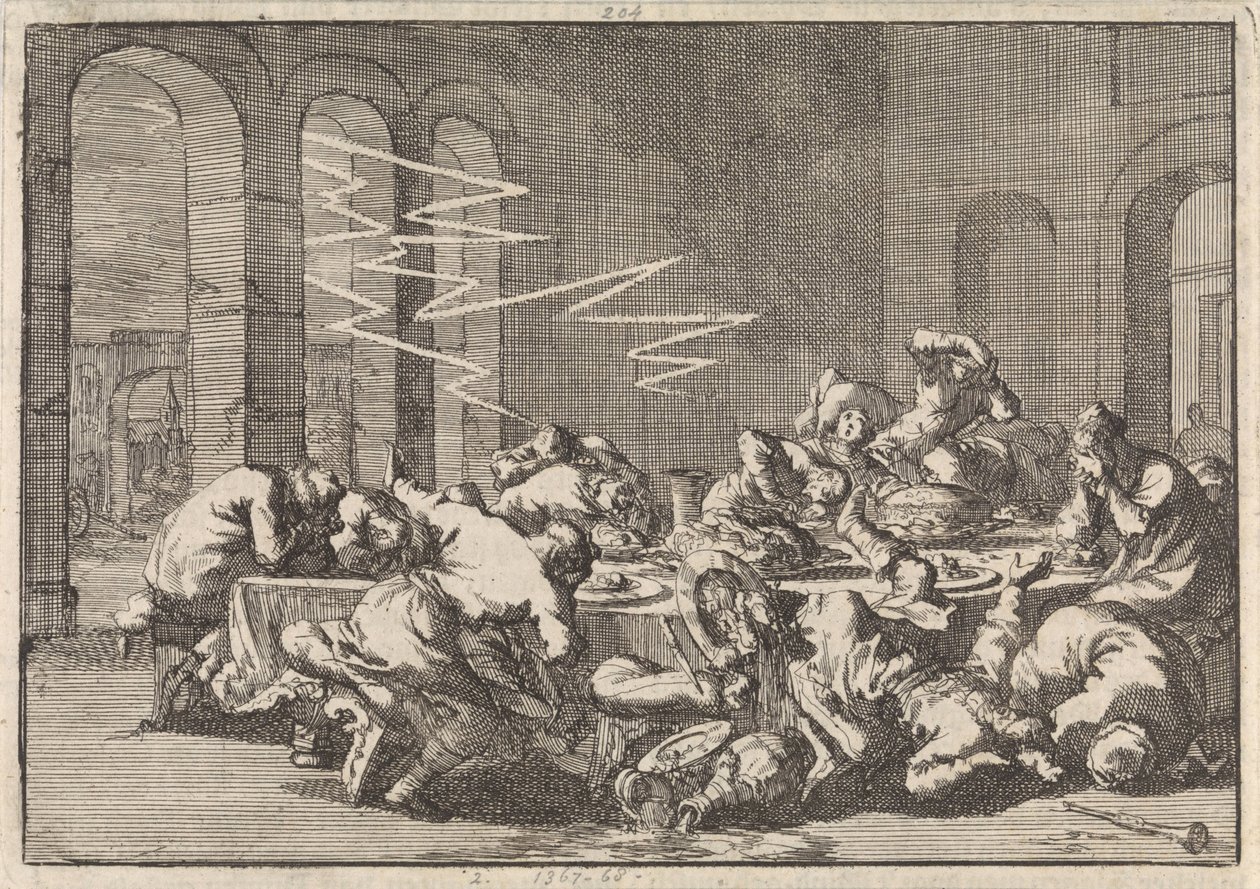 En el pueblo polaco de Perzyn, 23 personas mueren a causa de un rayo durante una comida bautismal, 1676 de Jan Luyken