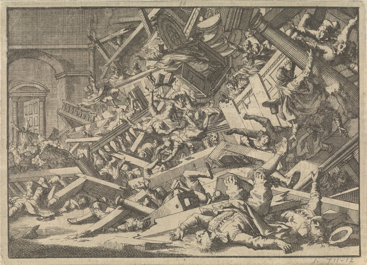Galería derrumbada durante un servicio de culto católico en la casa del enviado español en Londres, 1623 de Jan Luyken