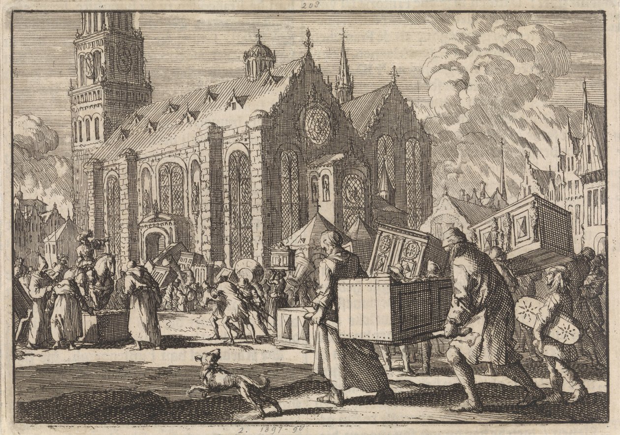 Habitantes de Spires de buena fe llevan sus muebles a la catedral donde posteriormente son quemados por el general francés Monclar, 1689 de Jan Luyken