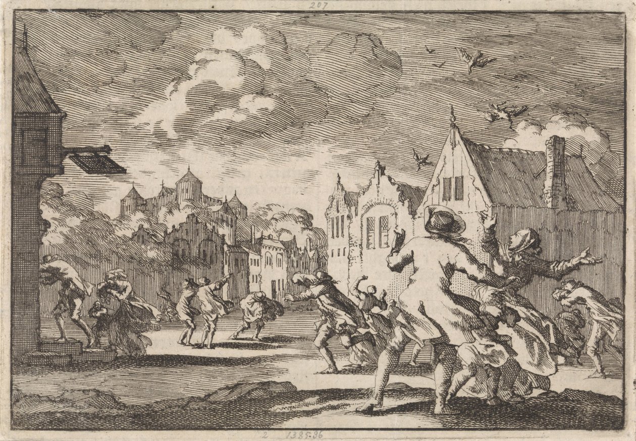 Los habitantes de un pueblo cerca del castillo de Luchow en Lüneburg son alcanzados por un torbellino que hace que las aves caigan muertas del cielo, 1671 de Jan Luyken