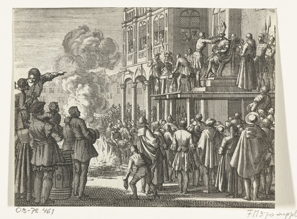 Jacob van Campen con mitra en la cabeza en el cadalso de Ámsterdam, 1535 de Jan Luyken