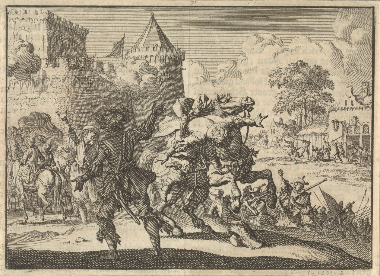 El comandante imperial Dampier cae de su caballo tras un disparo desde las murallas de Presburg (Bratislava), 1620 de Jan Luyken