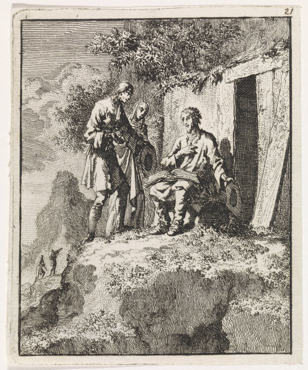 Ermitaño visitado por dos figuras de Jan Luyken