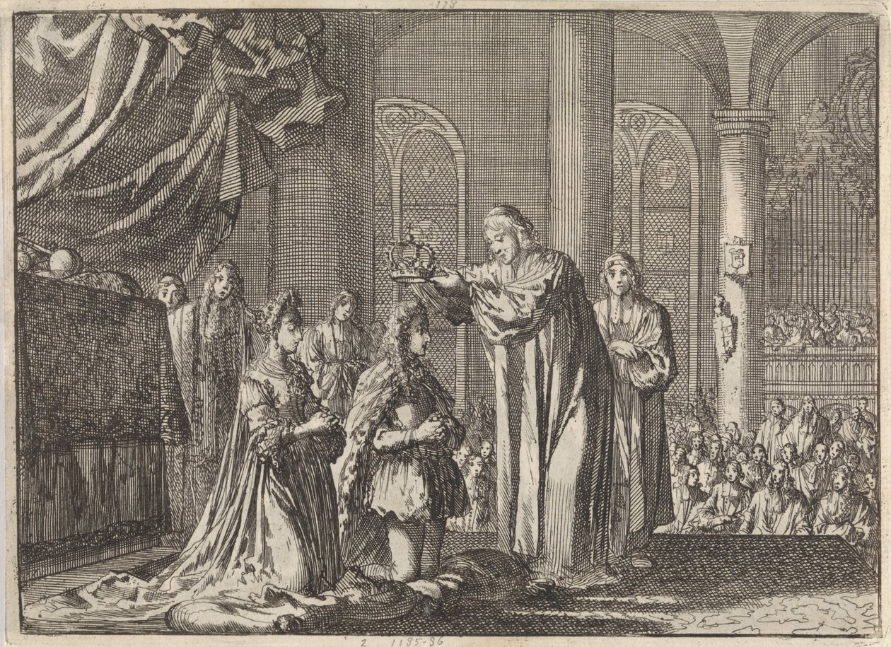 Coronación de Guillermo III y María II Estuardo por el arzobispo de Canterbury, 1689 de Jan Luyken