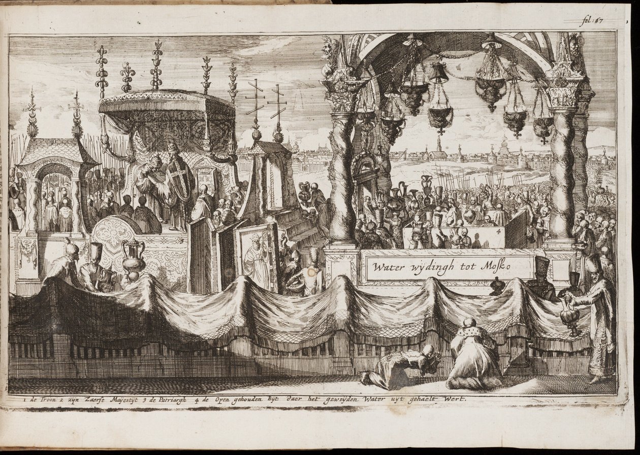 La gran bendición de las aguas en Moscú (Rusia) (ceremonia religiosa anual con procesión) - Obra de Jan (Johannes) Luyken (1649-1712), grabado (20,1x30 cm) de Jan Luyken