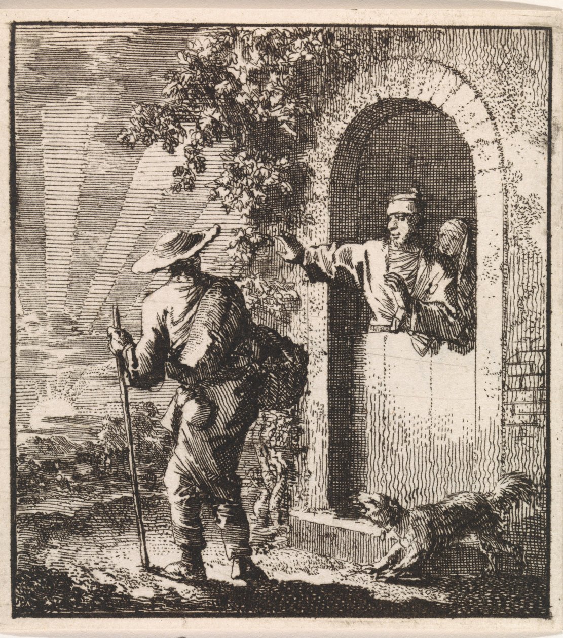 Un hombre en una puerta hace señas a un viajero cansado para que continúe de Jan Luyken