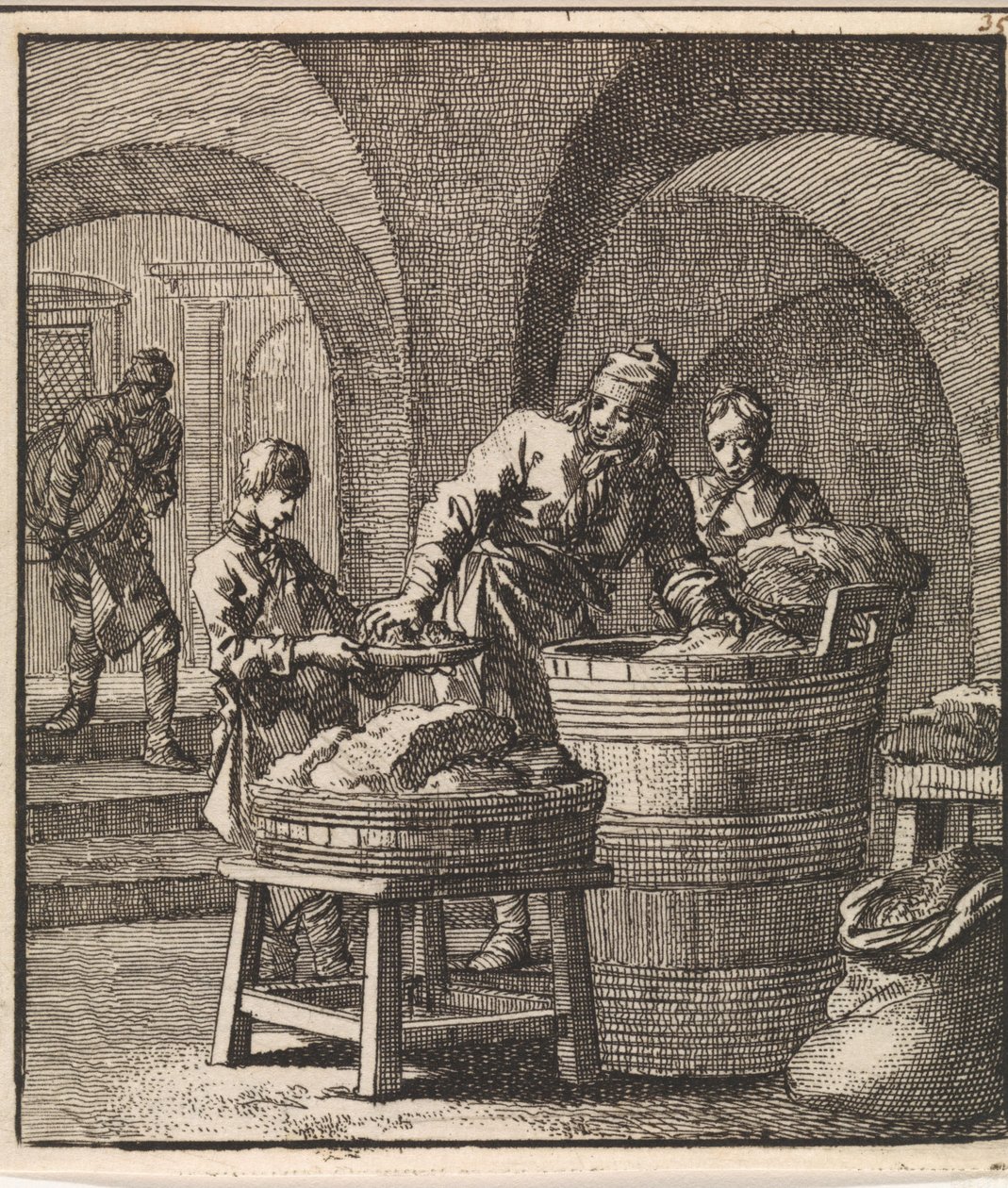 Unos hombres meten trozos de carne y sal en un recipiente de Jan Luyken