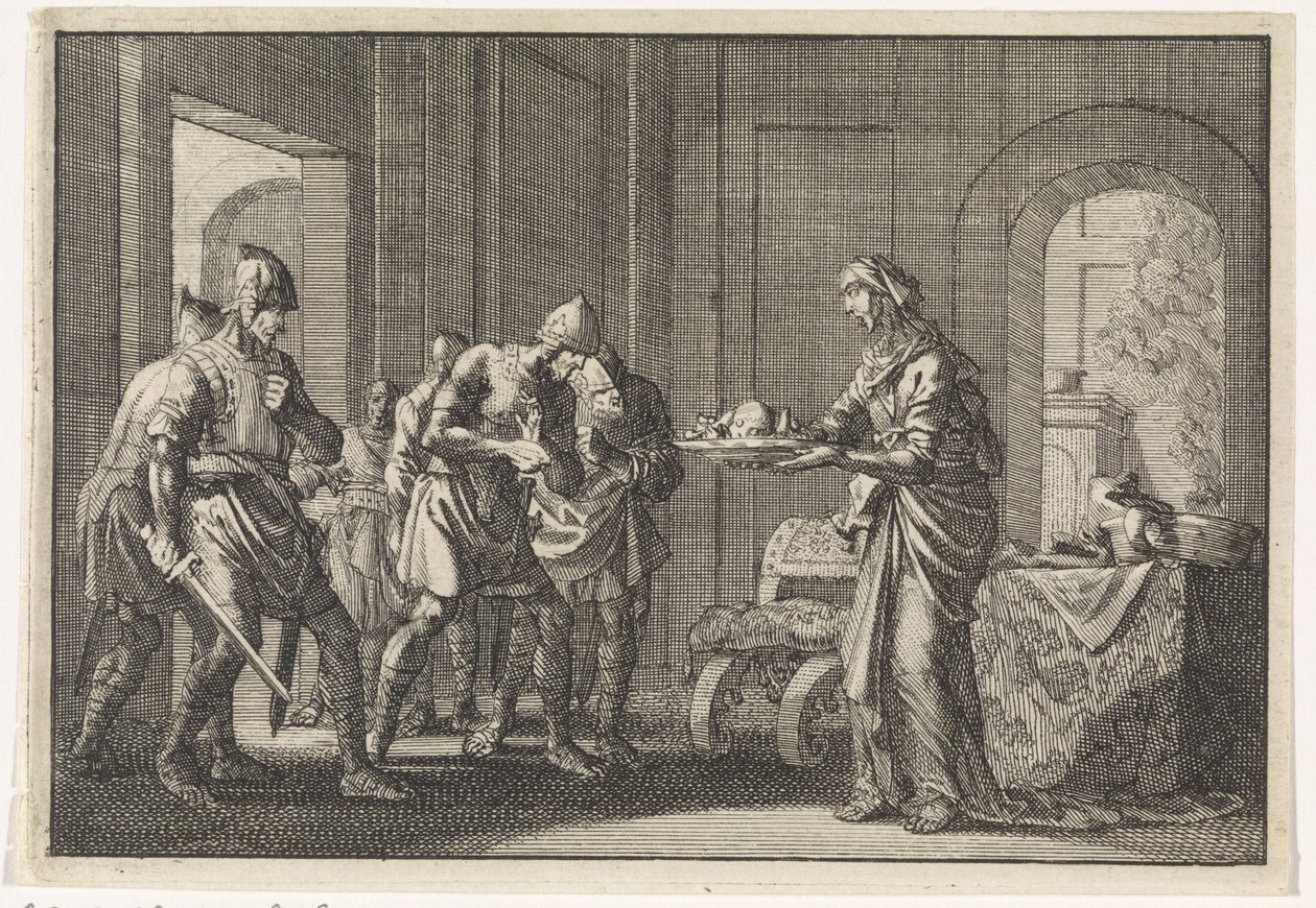 Madre muestra a los guerreros los restos de su hijo comido durante la hambruna en Jerusalén, 1704 de Jan Luyken