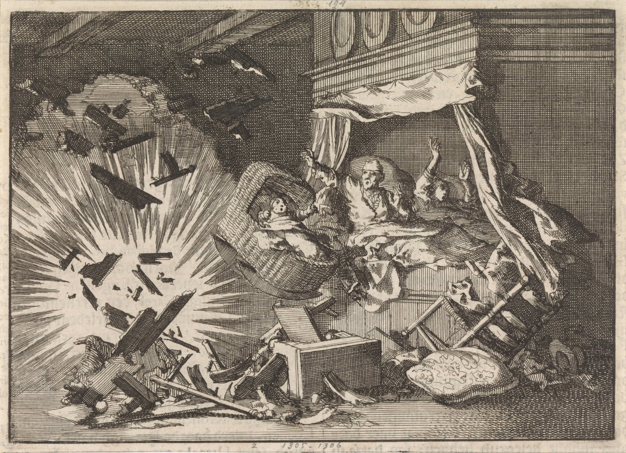 Explosión de una bomba en una casa en Ebbingestraat en Groningen, 1672 de Jan Luyken