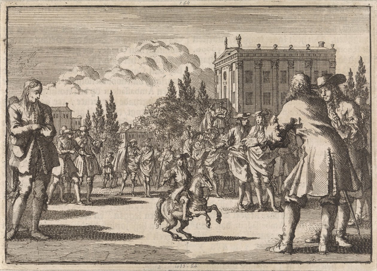 En una plaza de Madrid se ha congregado una multitud en torno a Luisillo, el enano del rey de España, 1675 de Jan Luyken