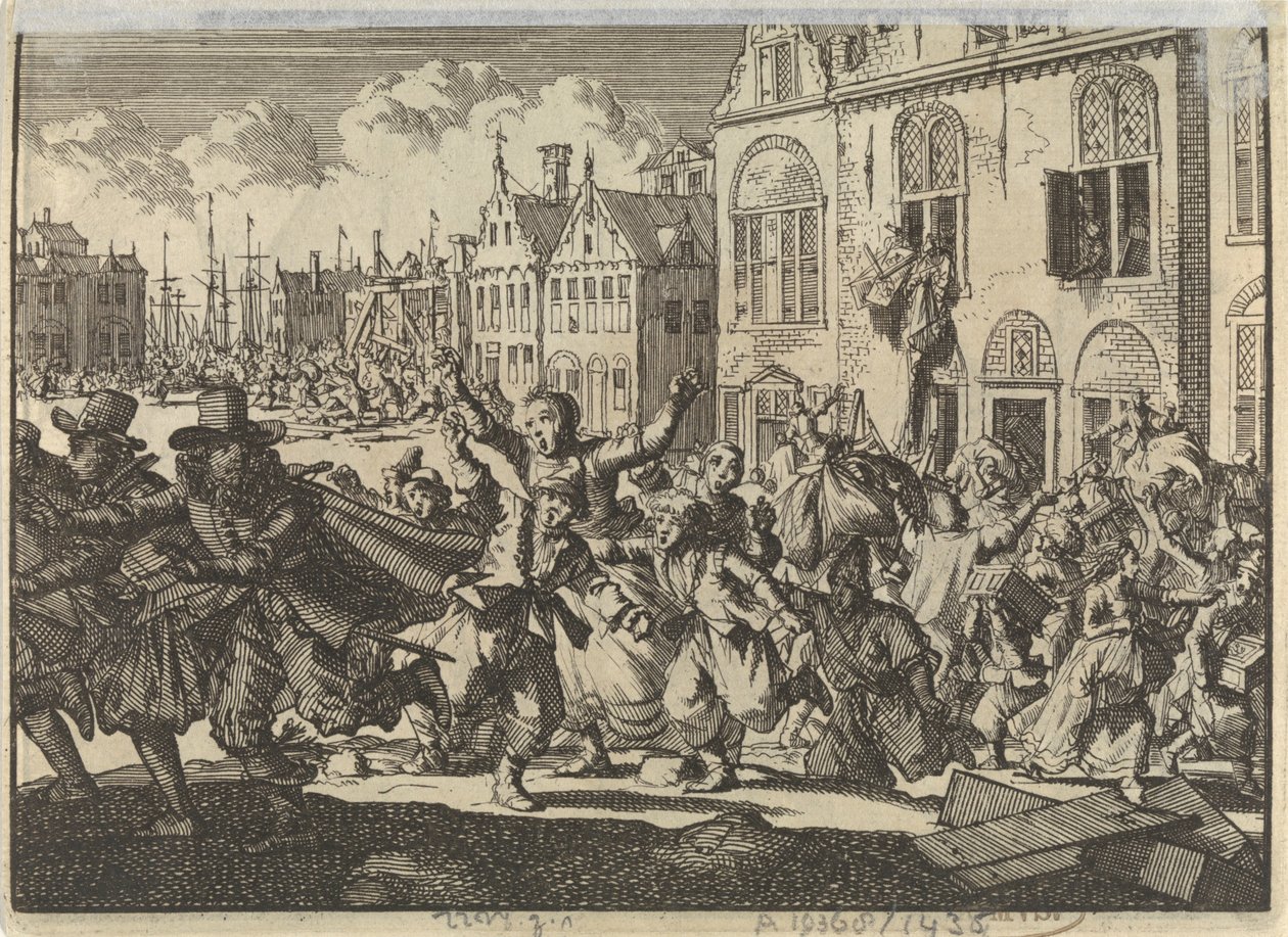 Revuelta en Enkhuizen en la que se destruyen las casas de los vicealmirantes Kwast y Turk, 1635 de Jan Luyken