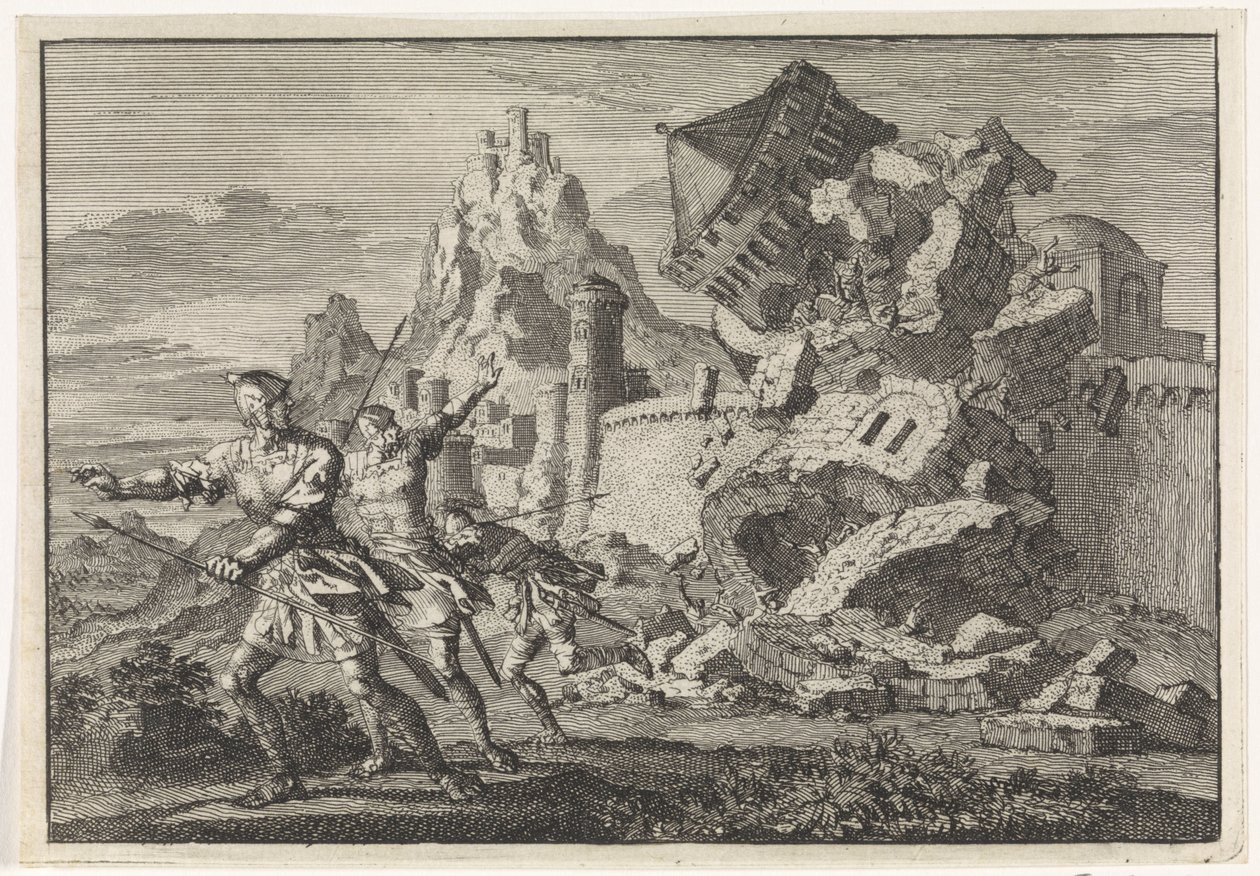 Soldados romanos han destruido una torre en la muralla de Gamala de Jan Luyken