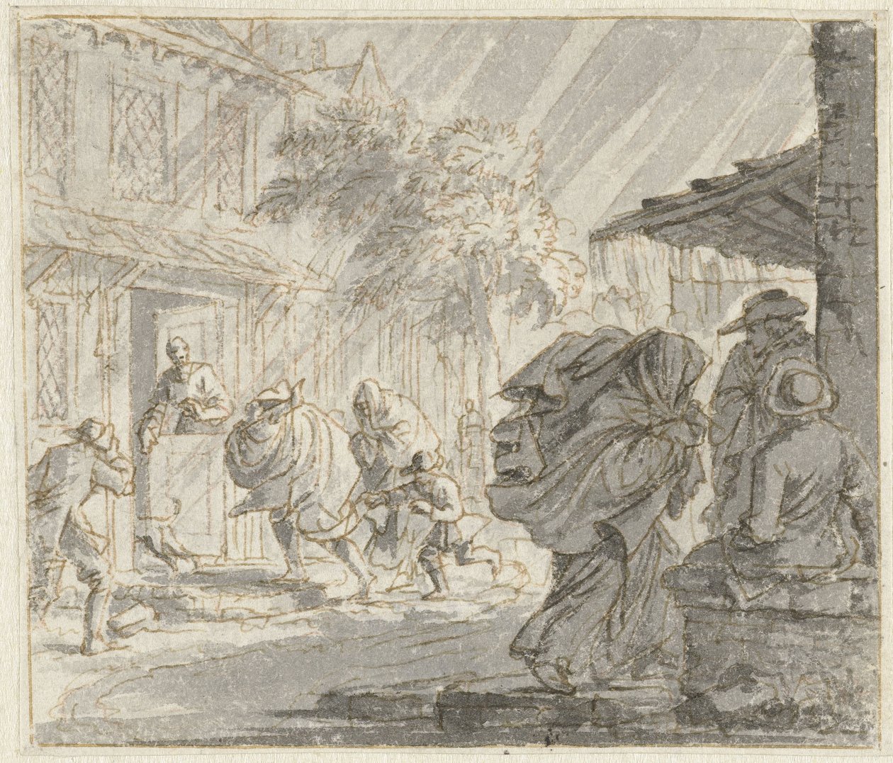 Escena de calle con viento y lluvia fuertes de Jan Luyken