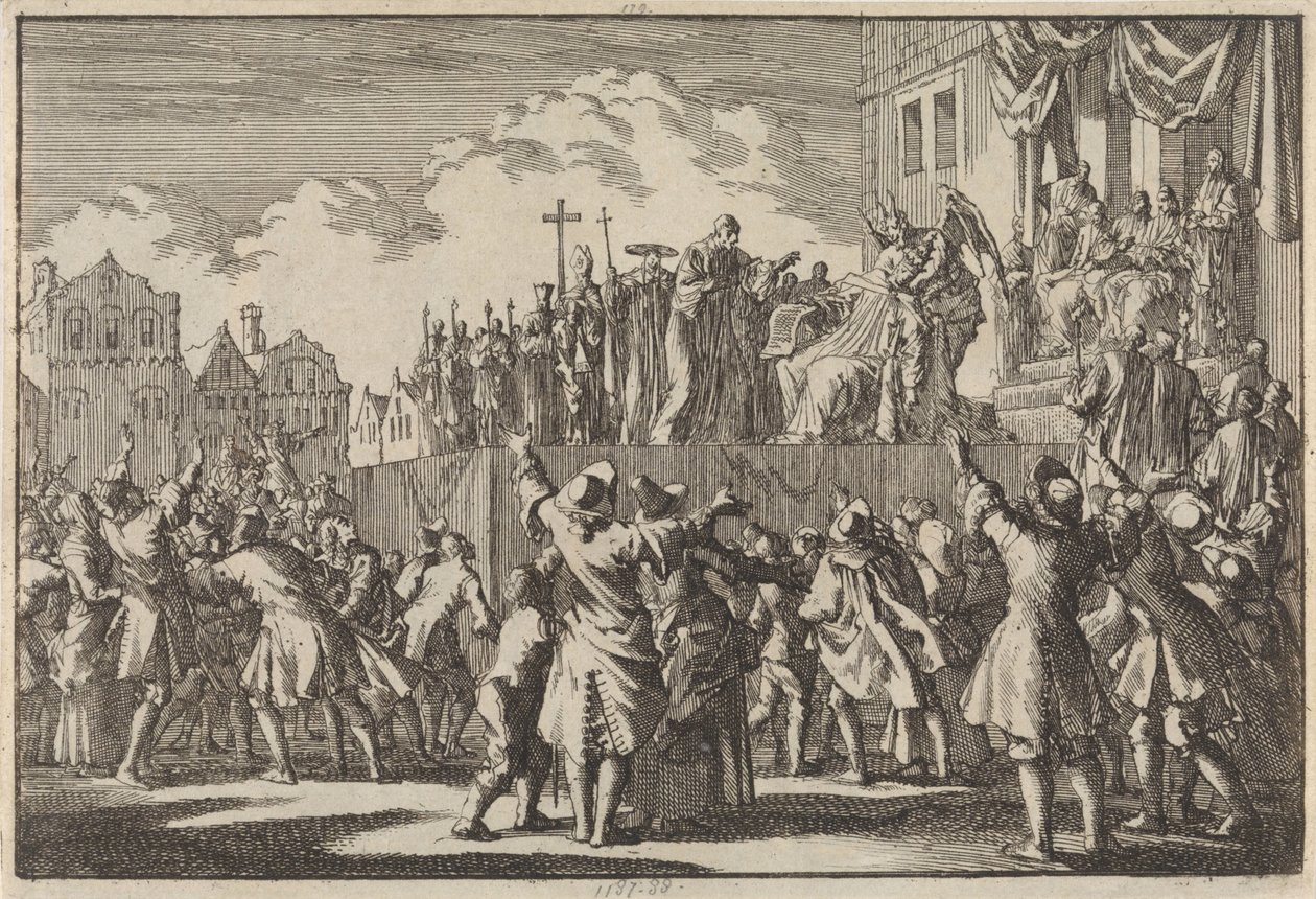 Escena callejera en Aberdeen burlándose de la religión católica, 1689 de Jan Luyken