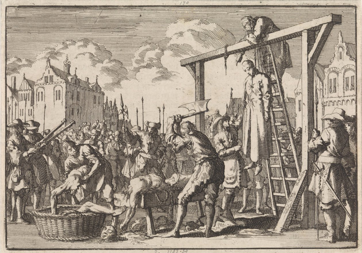 En Londres, el jesuita William Ireland es ahorcado y John Grove es descuartizado por un regicidio intencionado, 1679 de Jan Luyken