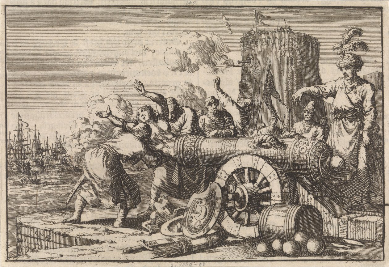 Durante el bombardeo francés de Argel, los argelinos cargan al cónsul francés en un cañón y lo matan, 1683 de Jan Luyken