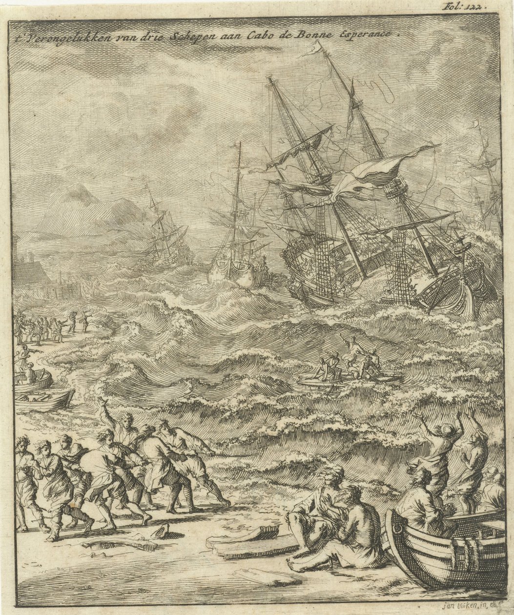 Naufragio en el Cabo de Buena Esperanza, 1693 El choque de tres barcos en Cabo de Bonne Esperance (título sobre el objeto) de Jan Luyken