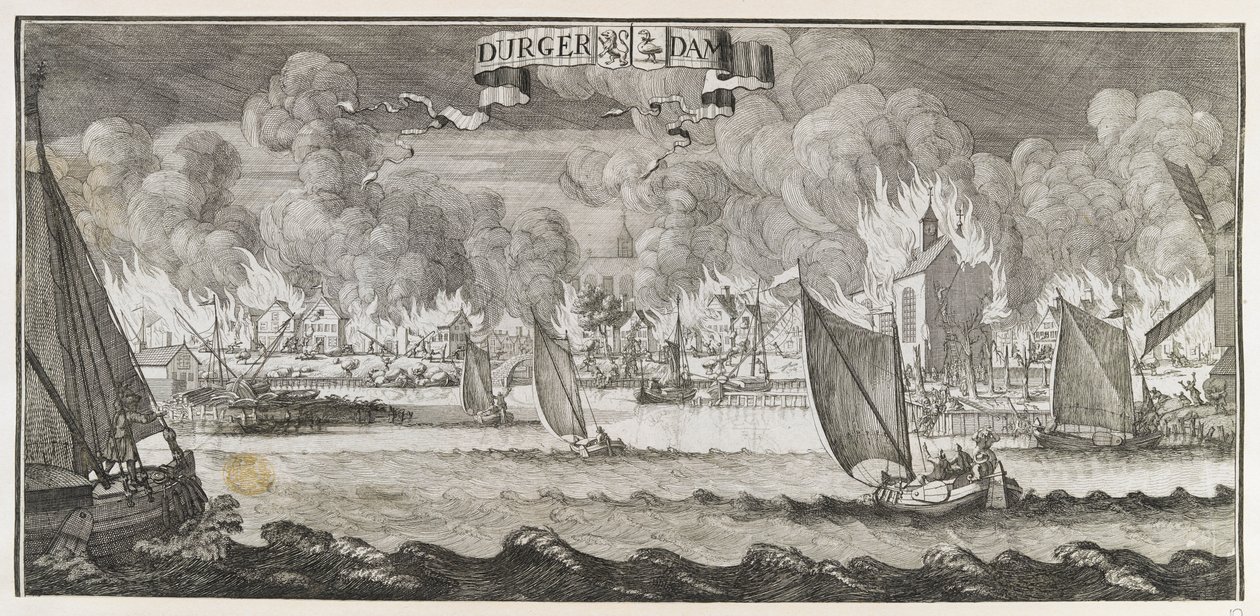 Vista del pueblo de Durgerdam, cerca de Ámsterdam, durante el incendio de 1687 (grabado) de Jan Luyken