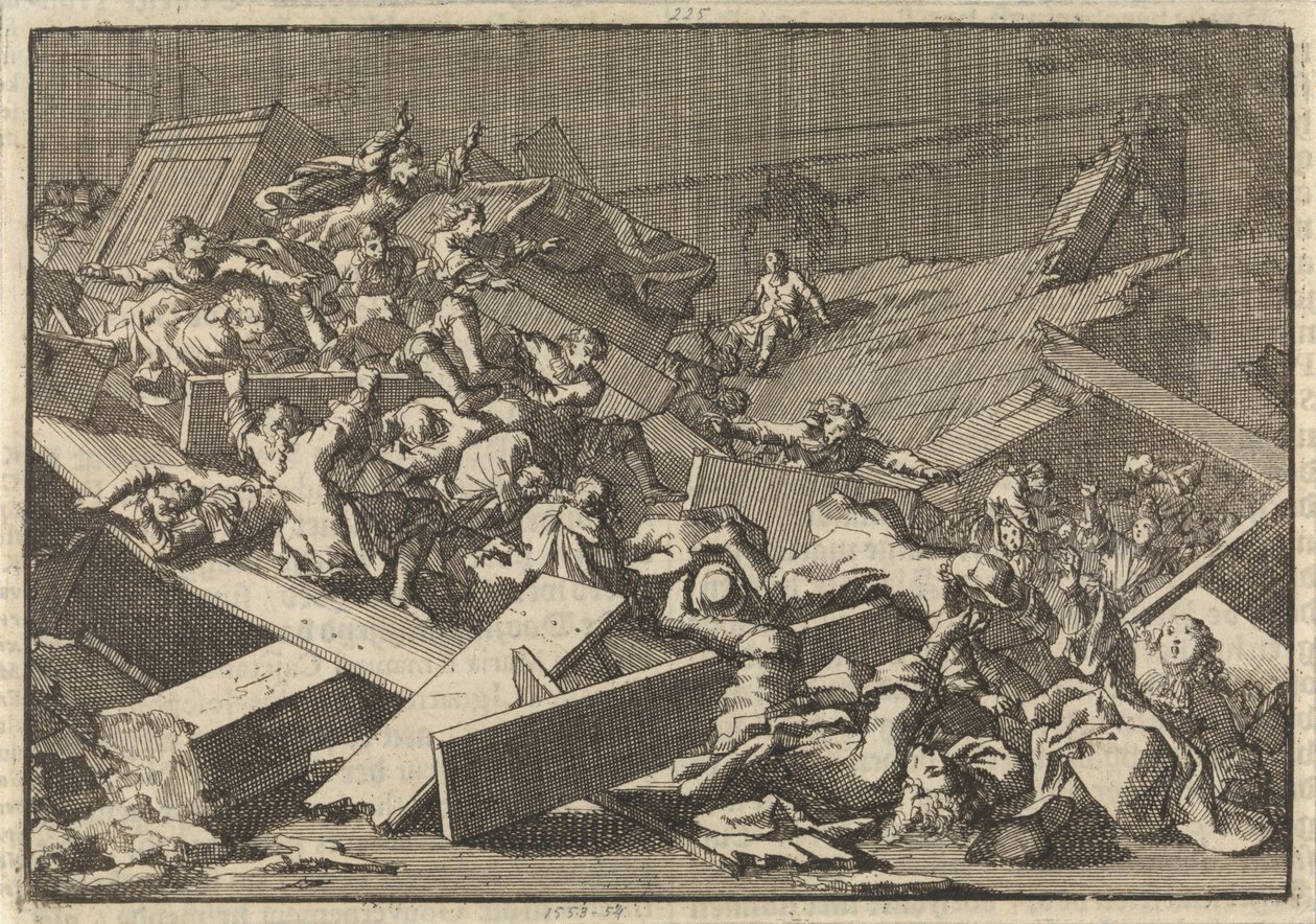 El piso de la iglesia de la casa del Plenipotenciario Imperial Conde von Bercka se derrumba, 1697 de Jan Luyken