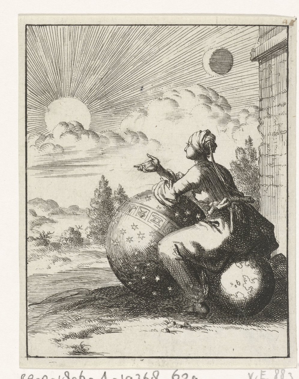 Mujer sentada en un globo terráqueo y apoyada en un globo celeste mirando el atardecer de Jan Luyken
